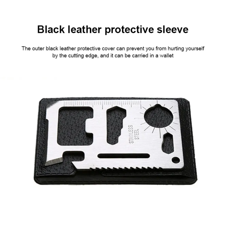 10 PCS 11 in 1 Outdoor Portable Multi-function Stainless Steel Hollow Tool Card Cutter with Leather Case, Size: 6.9 x 4.5cm(Silver)
