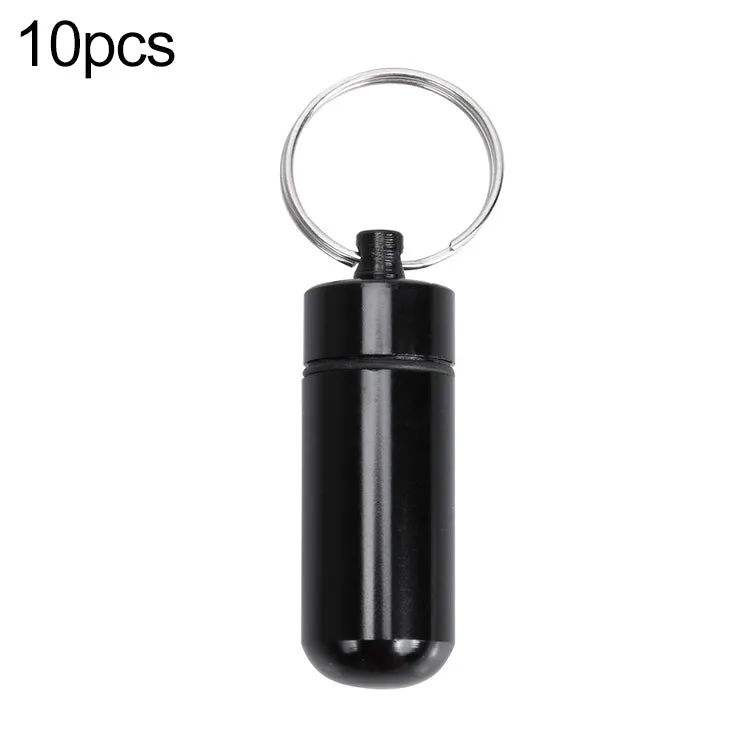 10pcs Portable Sealed Waterproof Aluminum Alloy First Aid Pill Bottle with Keychain(Black)
