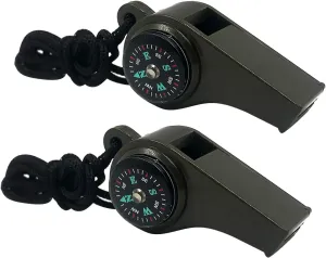2 Pack Emergency Survival Whistle, 3-in-1 Emergency Whistles with Compass and Thermometer, Loud Safety Whistle with Lanyard for Outdoor Hiking