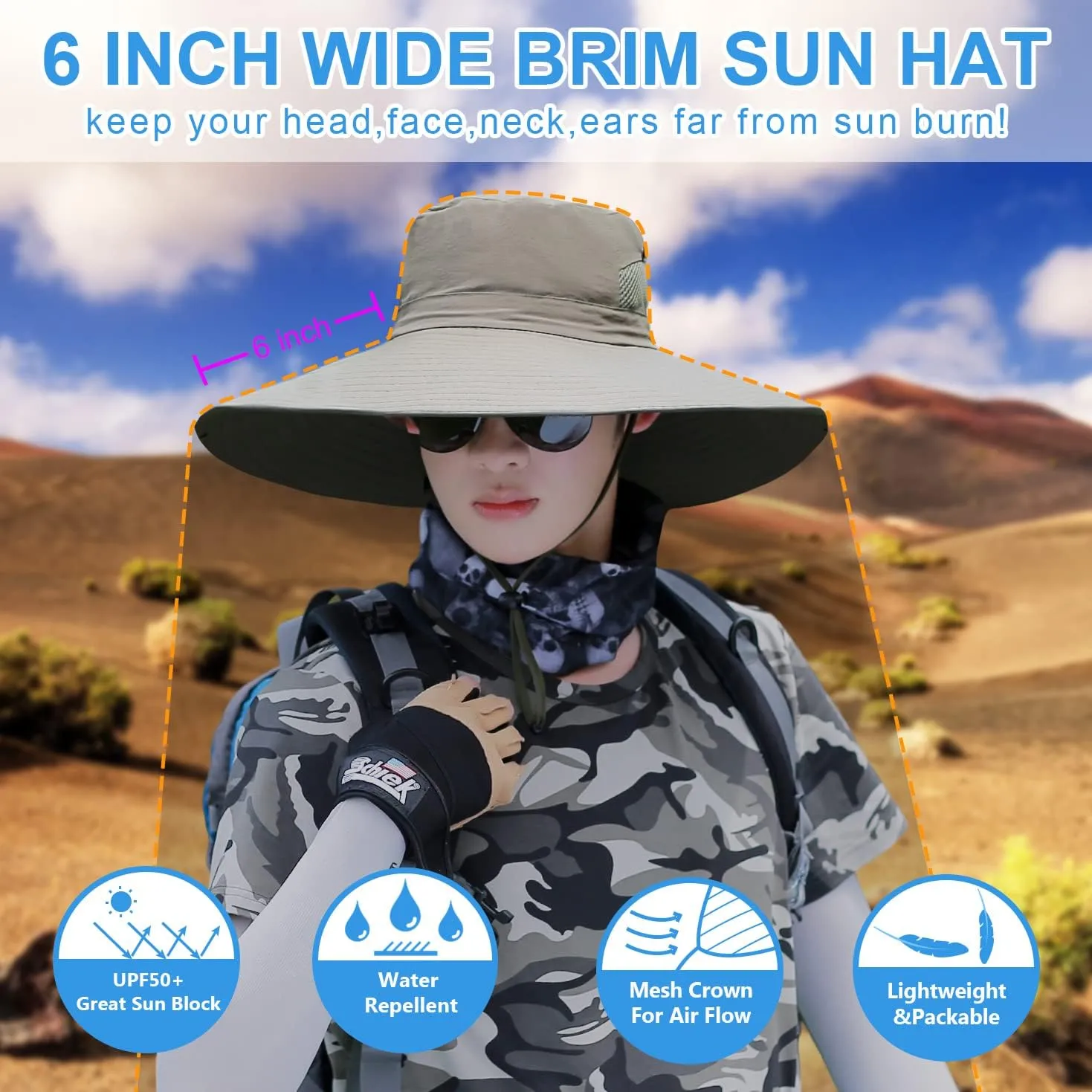 6" Wide Brim Sun Protection Hat Outdoor Unisex Bucket Hats for Hiking Beach Fishing Safari Garden Lawn Yard Work Kayaking