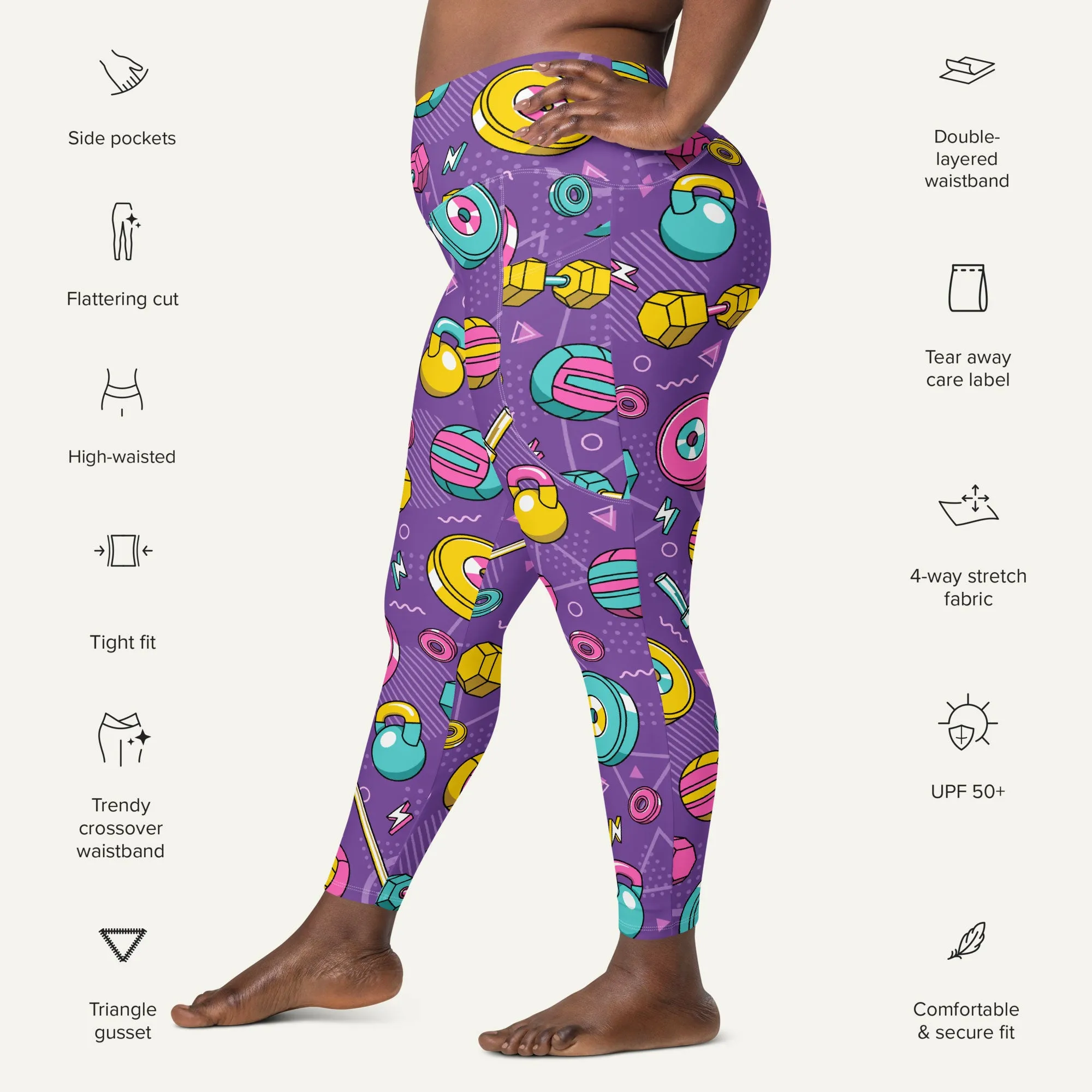 90s Weights Purple Crossover Leggings With Pockets