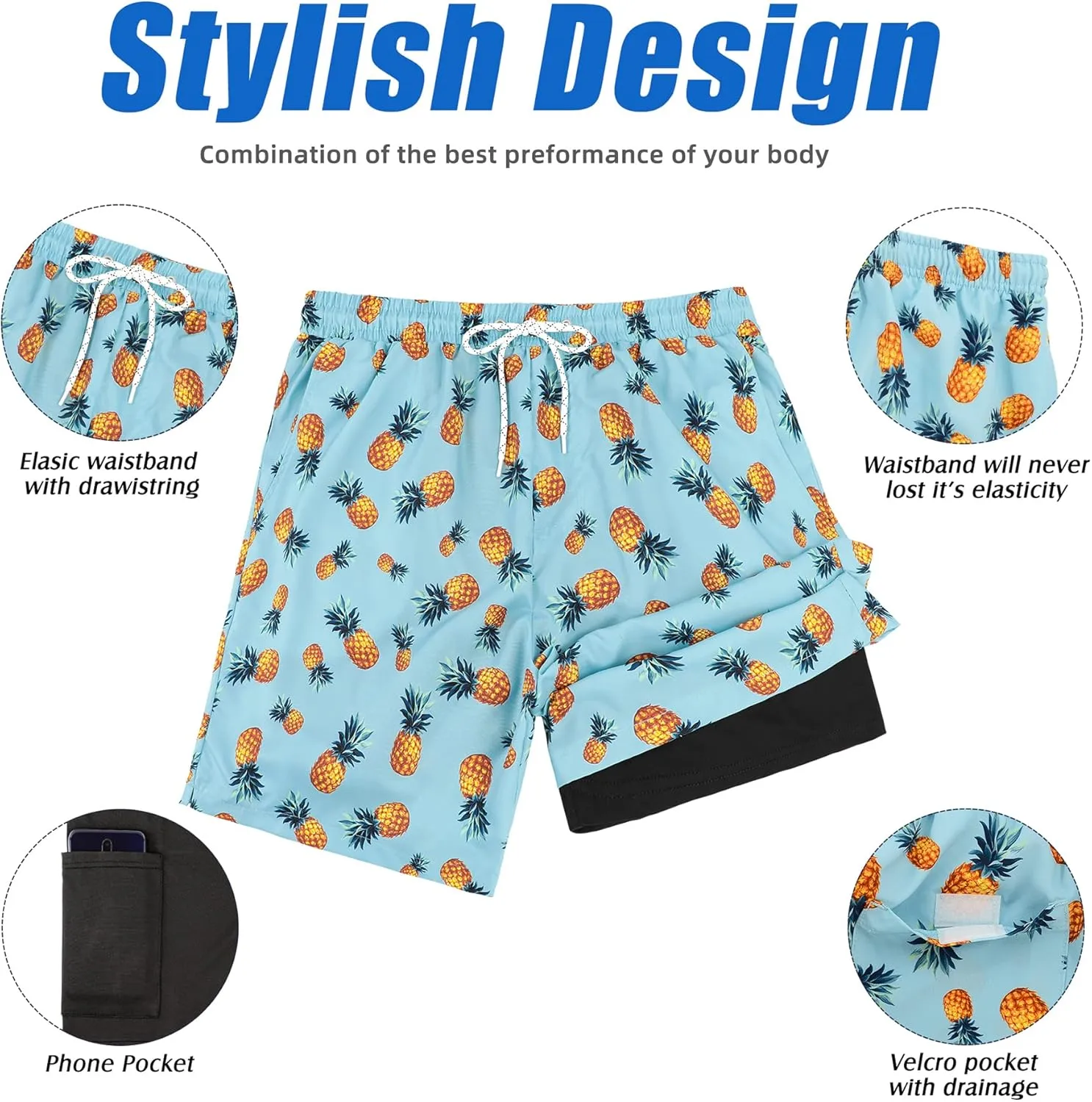 American Trends Men's Swim Trunks Board Shorts Quick Dry Mens Swimming Trunks with Compression Liner