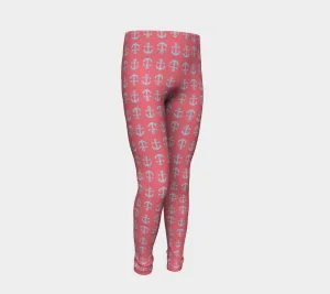 Anchor Toss Youth Leggings - Light Blue on Coral