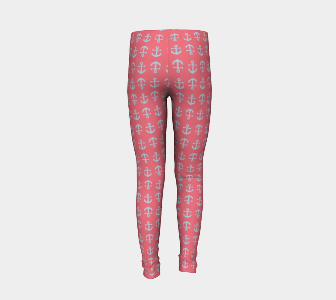 Anchor Toss Youth Leggings - Light Blue on Coral