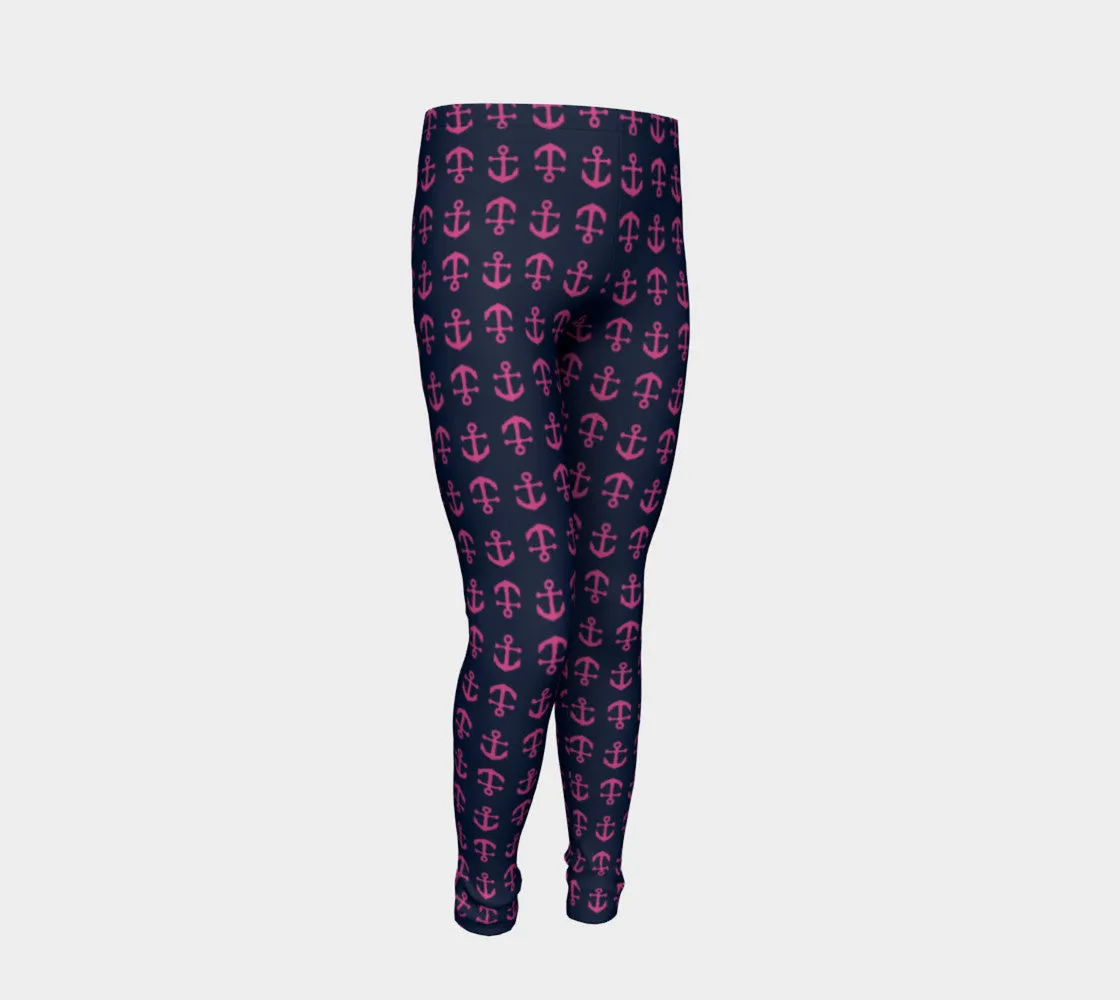 Anchor Toss Youth Leggings - Pink on Navy