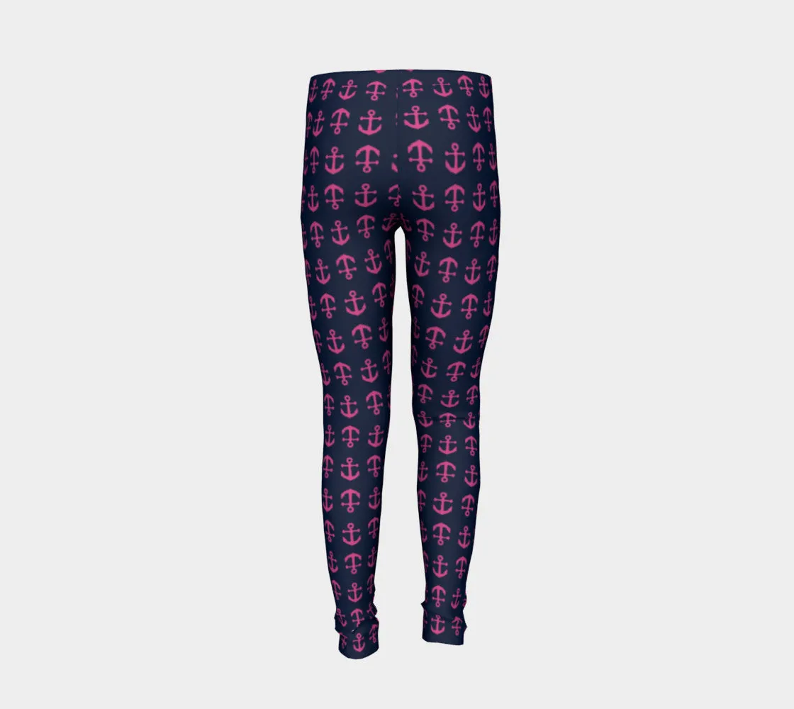 Anchor Toss Youth Leggings - Pink on Navy