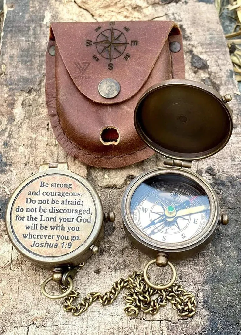 BE STRONG & Courageous Brass Compass | Engraved Religious Joshua 1:9 quote birthday gift, baptism confirmation gifts idea for boy girl