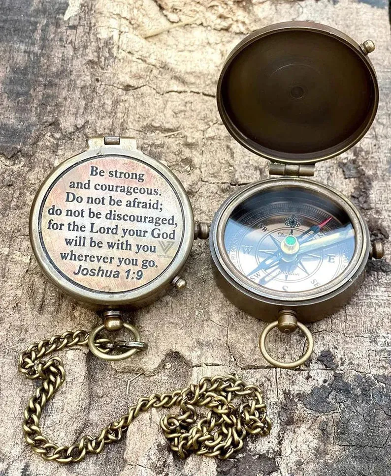 BE STRONG & Courageous Brass Compass | Engraved Religious Joshua 1:9 quote birthday gift, baptism confirmation gifts idea for boy girl