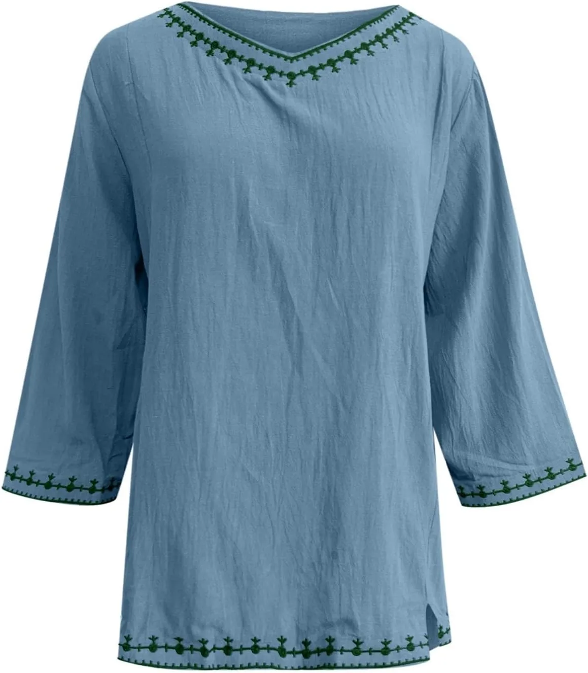 Cotton Linen Tops for Women Summer Casual 3/4 Sleeve T Shirts Lightweight Ethnic Style Embroidery Blouses Tees