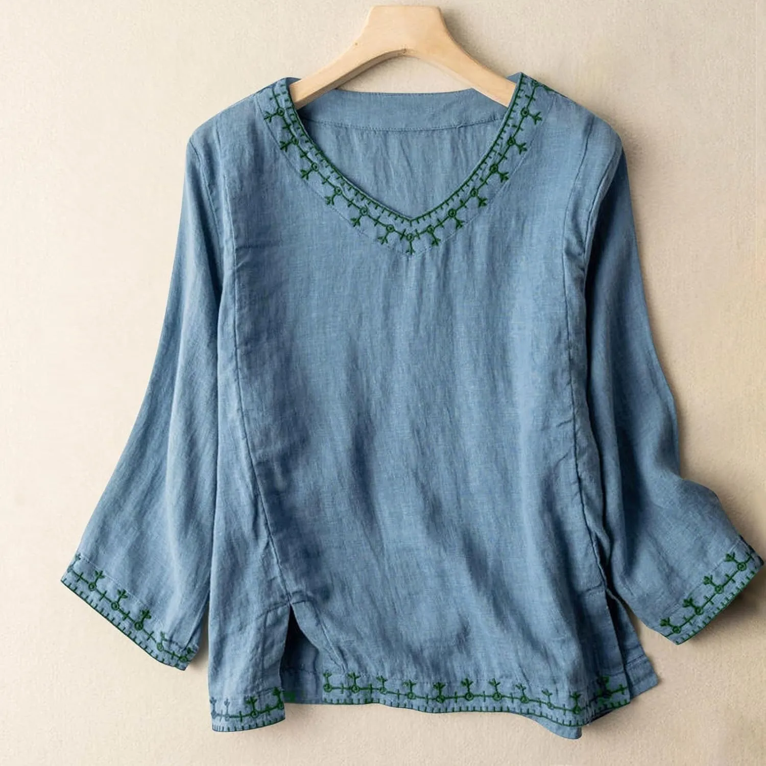 Cotton Linen Tops for Women Summer Casual 3/4 Sleeve T Shirts Lightweight Ethnic Style Embroidery Blouses Tees