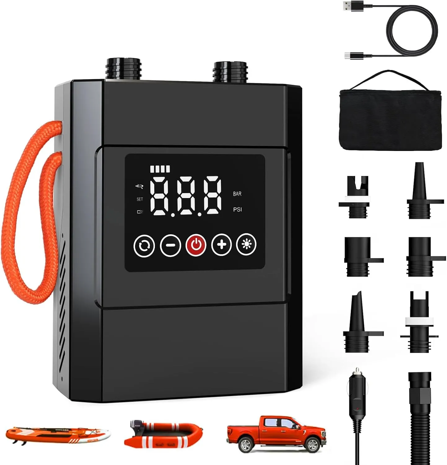 Electric Paddle Board Pump, 20PSI Rechargeable Sup Pump with Storage Bag and Led, Intelligent Dual Stage Inflation & Deflation, Auto-Off SUP Air Pump for Stand Up Paddle Boards, Kayaks, Boat