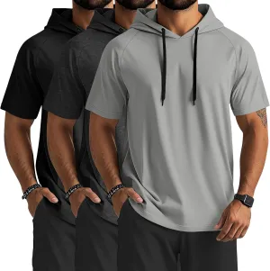 Ficerd 3 Pack Men's Short Sleeve Hoodie Dry Fit Workout Shirts Comfy Running Active Athletic Pullover Sweatshirt