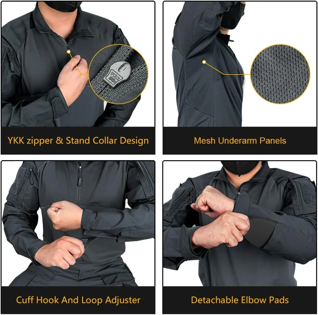 IDOGEAR Mens Tactical Military Shirts 1/4 Zip Combat BDU Shirts Camo Long Sleeve With Pockets For Outdoor Airsoft Paintball