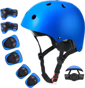 Kids Bike Helmet Set, CPSC Certified with Knee Pads Elbow Pads Wrist Guards,Adjustable Helmet for Ages 5-8-12-15 Toddler Kids&Youth,Bicycle Skateboarding Helmet Scooter Roller Skate (Blue)