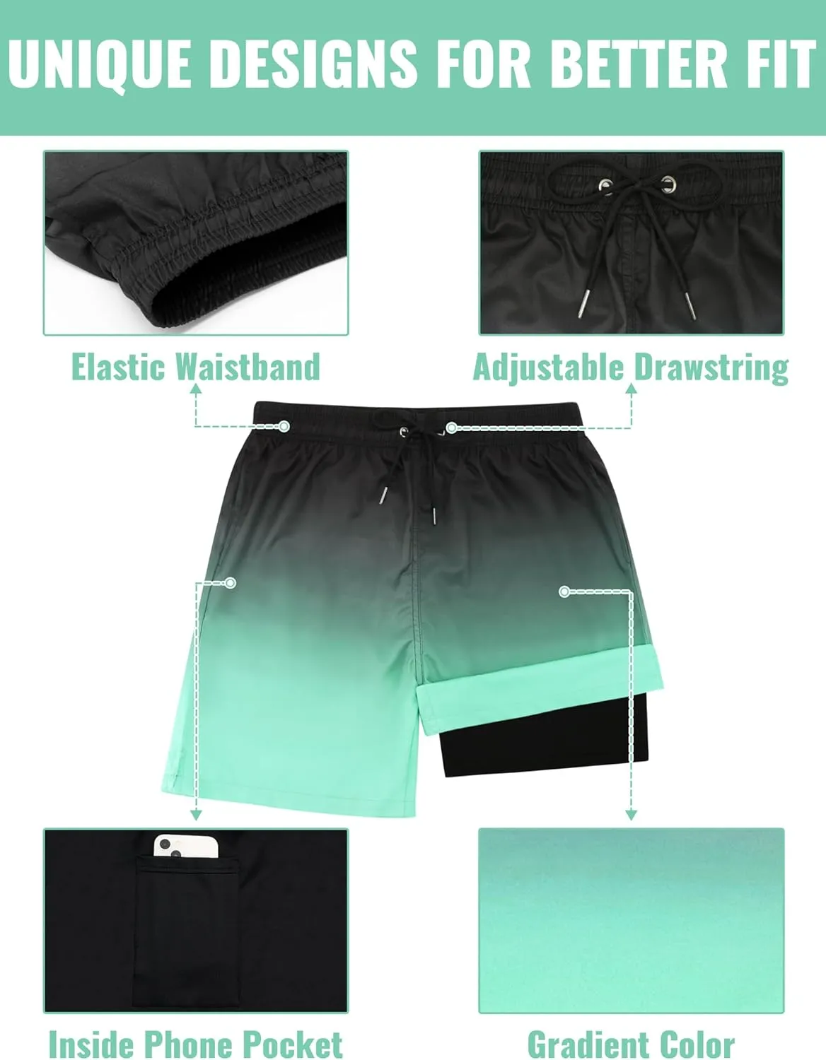 Mens Swim Trunks with Compression Liner Mens Bathing Suit 7 Inch Inseam Quick Dry Mens Board Shorts Men's Swimwear Men