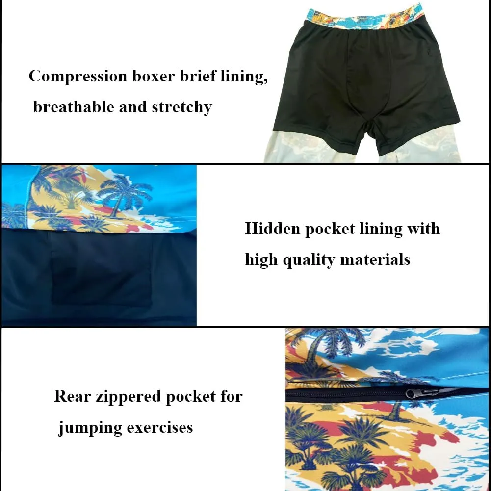 Mens Swim Trunks with Compression Liner Quick Dry Zipper Pocket Bathing