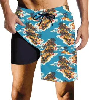 Mens Swim Trunks with Compression Liner Quick Dry Zipper Pocket Bathing