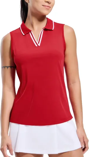 MIER Women's Sleeveless Golf Polo Shirts Dry Fit Collared Tank Tops V Neck Ribbed Athletic Tennis Shirt, Moisture Wicking