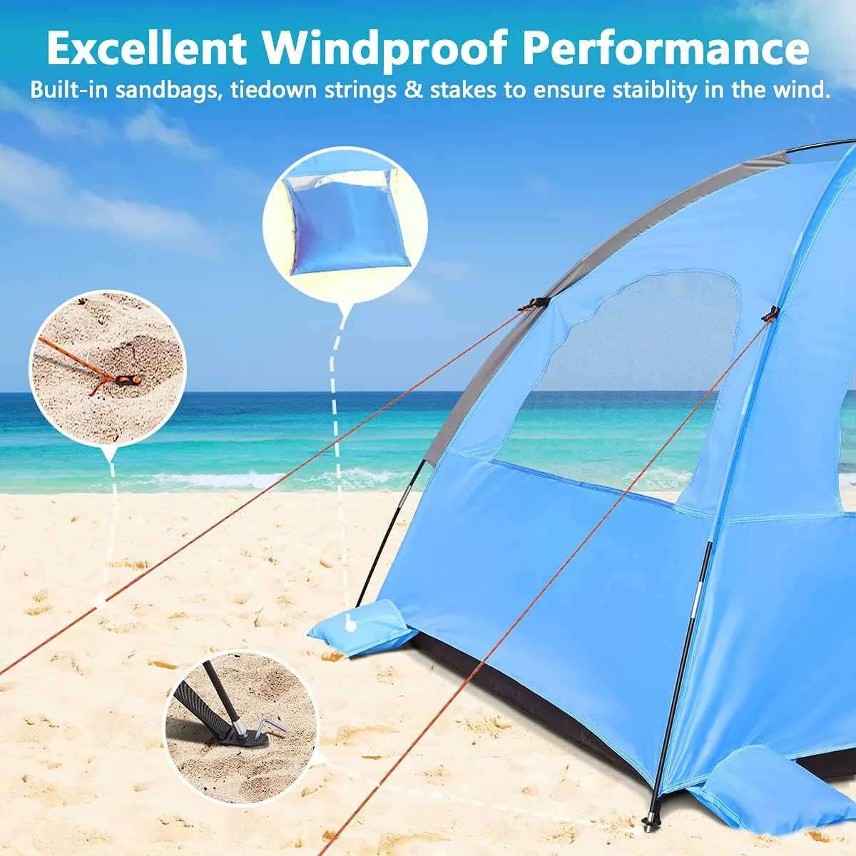 NXONE Beach Tent Sun Shade Shelter for 2-3 Person with UV Protection, Extended Floor, 3 Mesh Roll Up Windows & 8.0mm Fiberglass RodsCarry Bag Included (Sky Blue)