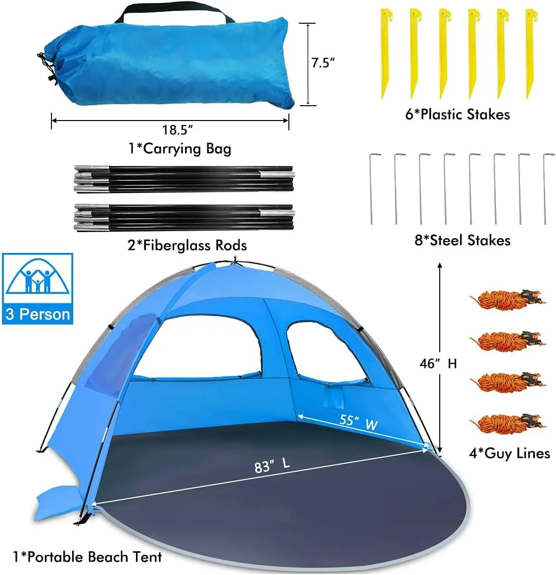 NXONE Beach Tent Sun Shade Shelter for 2-3 Person with UV Protection, Extended Floor, 3 Mesh Roll Up Windows & 8.0mm Fiberglass RodsCarry Bag Included (Sky Blue)