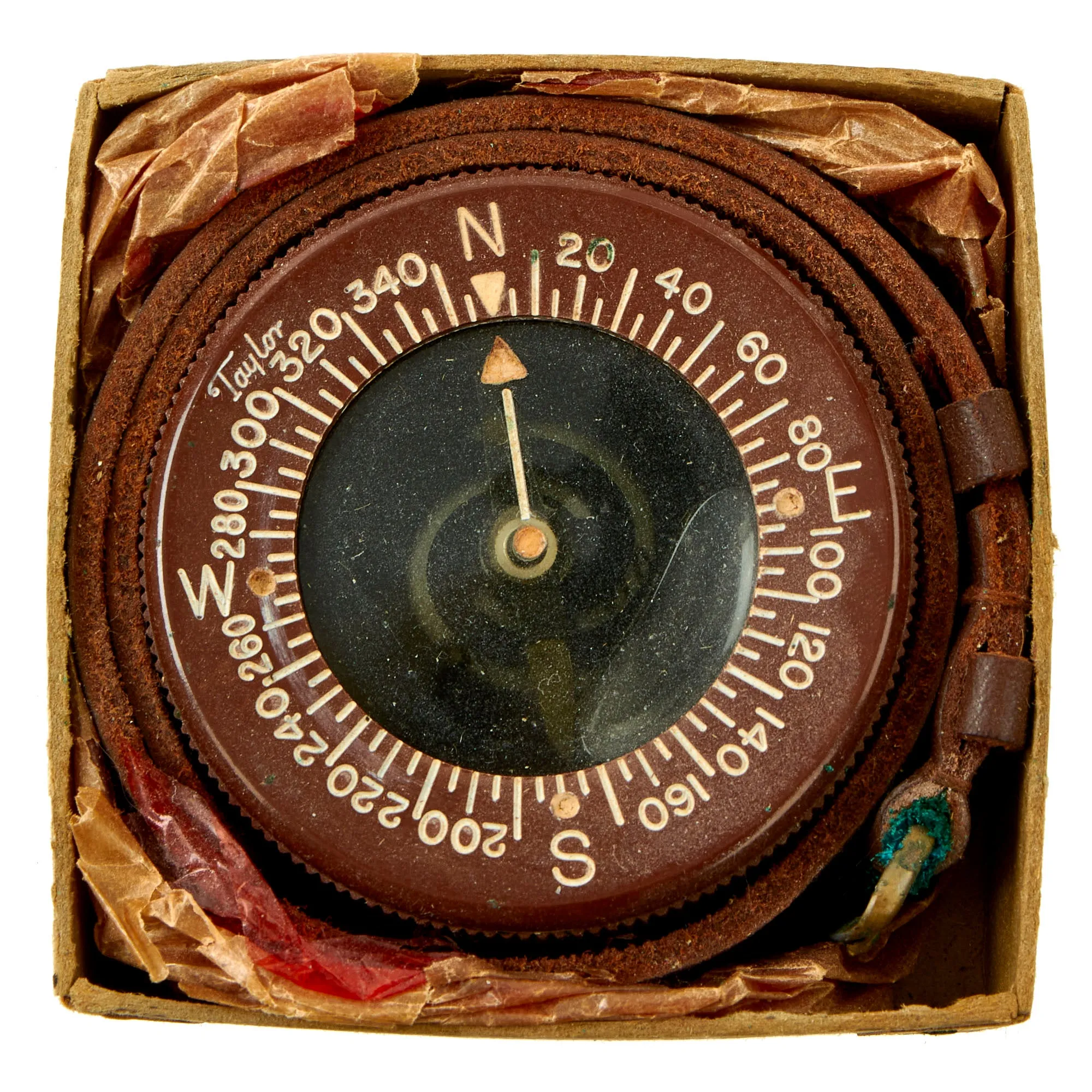 Original U.S. WWII Unissued Paratrooper Liquid Filled Wrist Compass by Taylor with Leather Wrist Band and Original Box