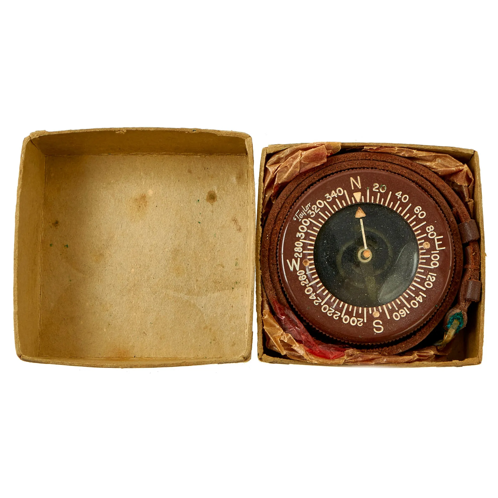 Original U.S. WWII Unissued Paratrooper Liquid Filled Wrist Compass by Taylor with Leather Wrist Band and Original Box