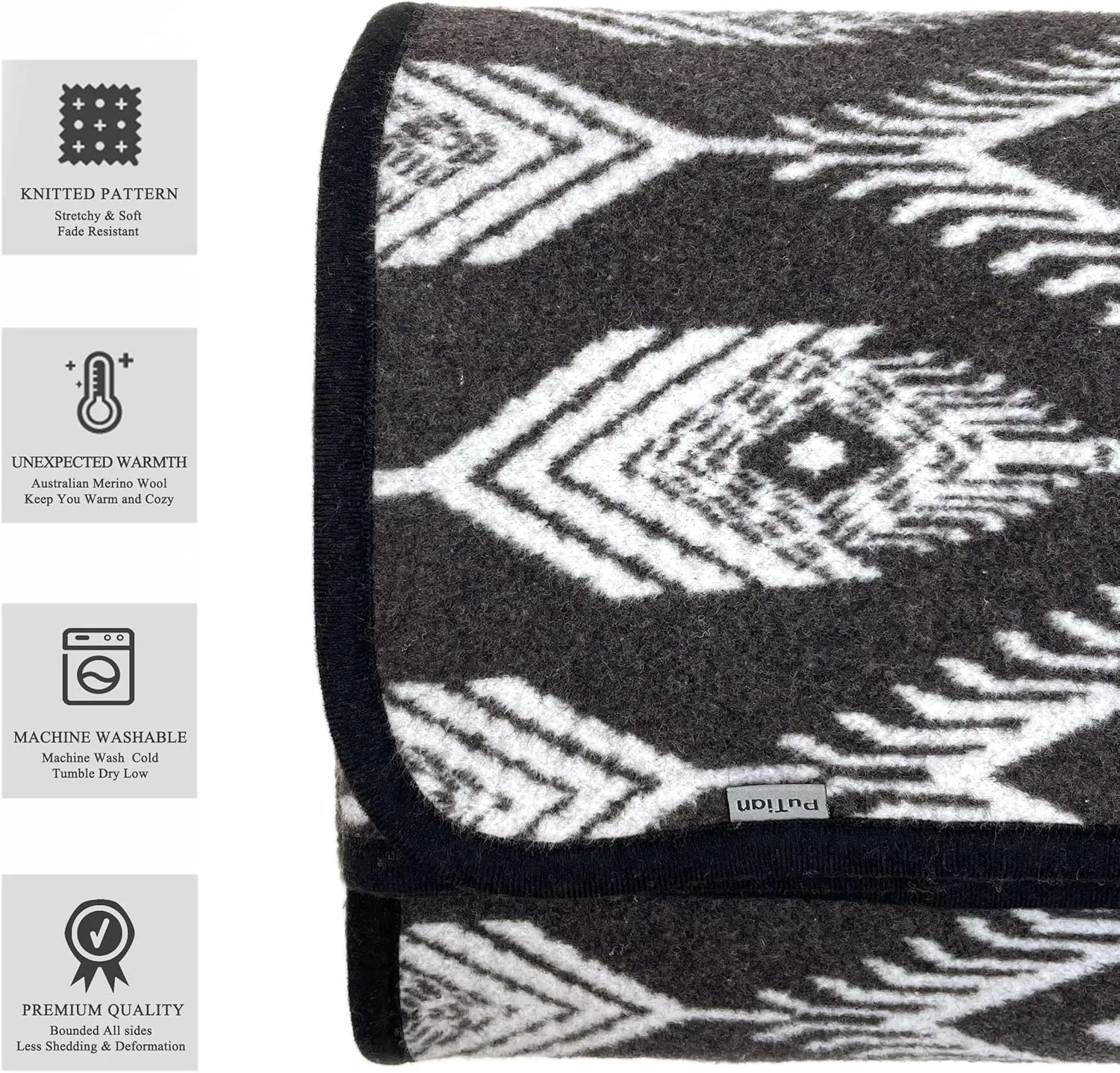 PuTian Merino Wool Blanket Camping Outdoor Blanket - 63" x 51" Bohemia Grey Great for Camping, Outdoors, Sporting Events, Survival & Emergency Kits -Super Soft Wool Blanket