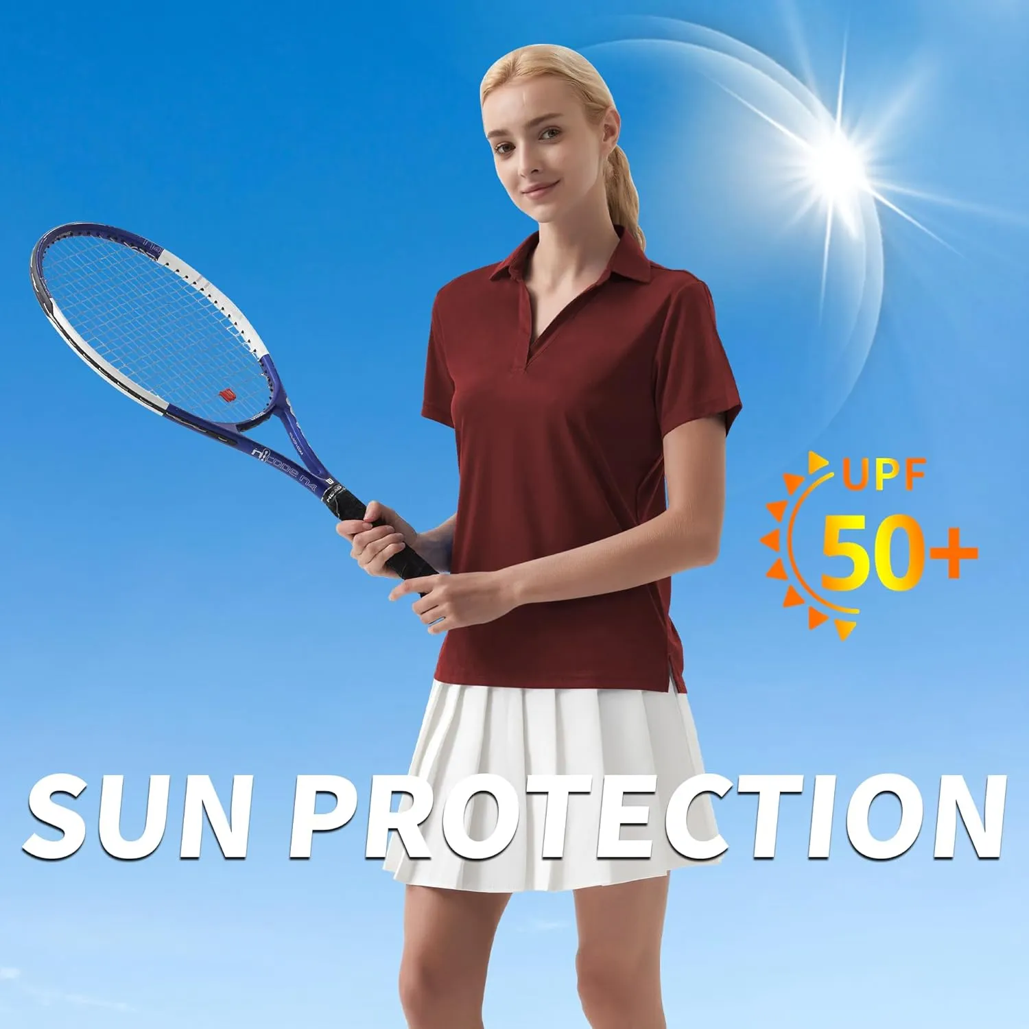 QBK Women's Golf Polo Shirt UPF 50  Dry Fit Collared V-Neck Short Sleeve Tennis Top
