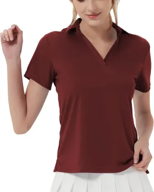 QBK Women's Golf Polo Shirt UPF 50  Dry Fit Collared V-Neck Short Sleeve Tennis Top