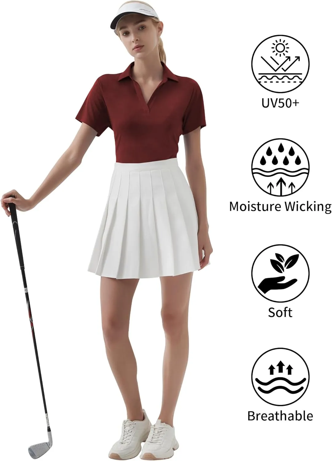 QBK Women's Golf Polo Shirt UPF 50  Dry Fit Collared V-Neck Short Sleeve Tennis Top