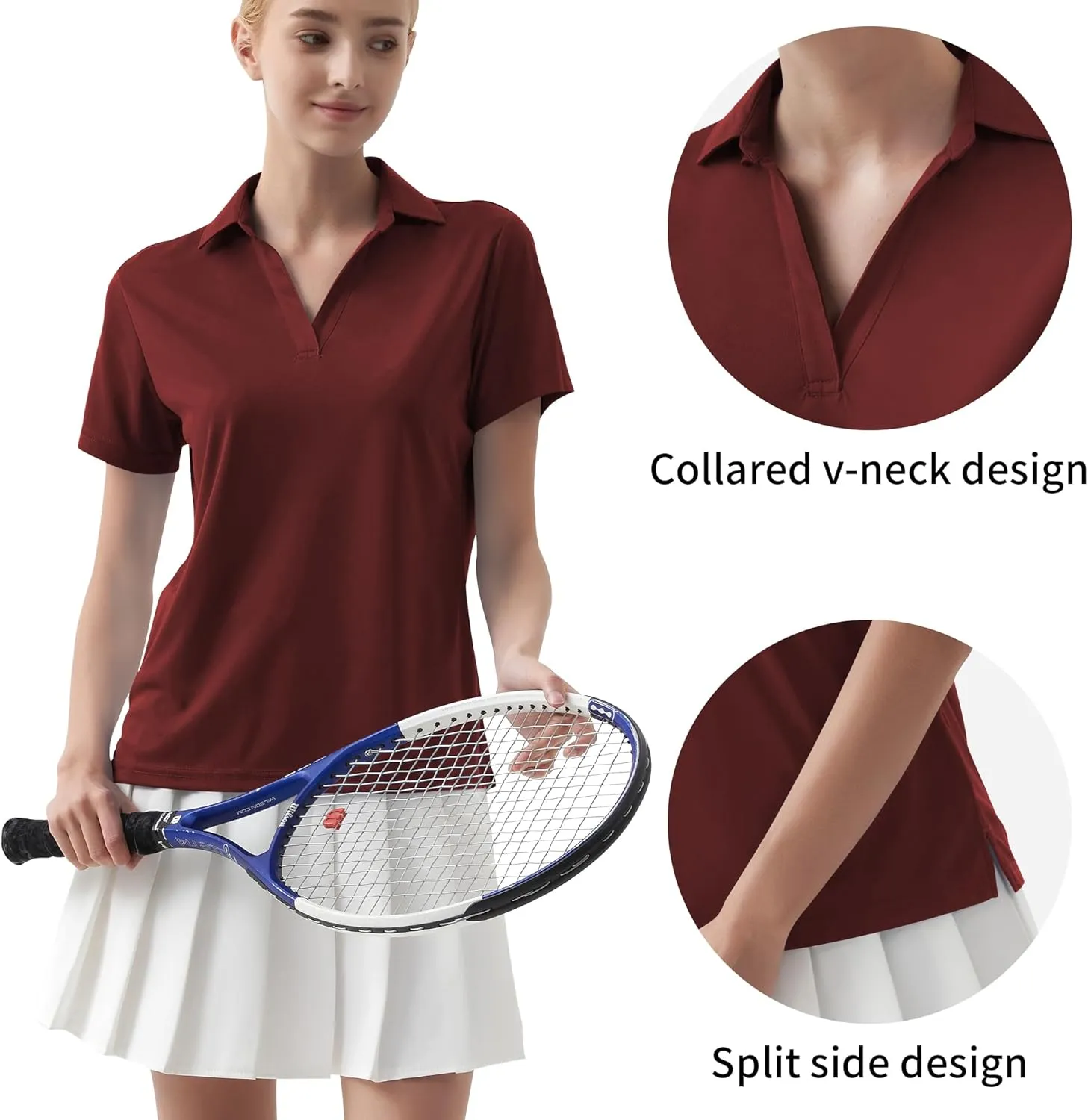 QBK Women's Golf Polo Shirt UPF 50  Dry Fit Collared V-Neck Short Sleeve Tennis Top