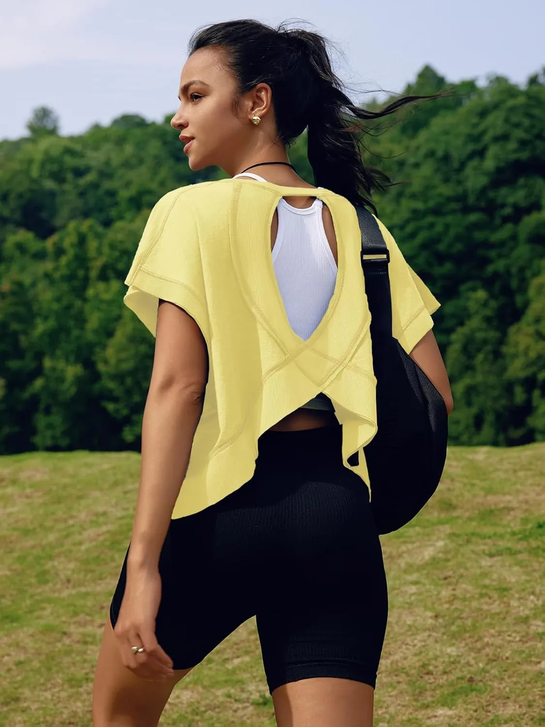 SENSERISE Womens Open Back Workout Tops Backless Short Sleeve Athletic Shirt Running Crop Top Gym Yoga Tee