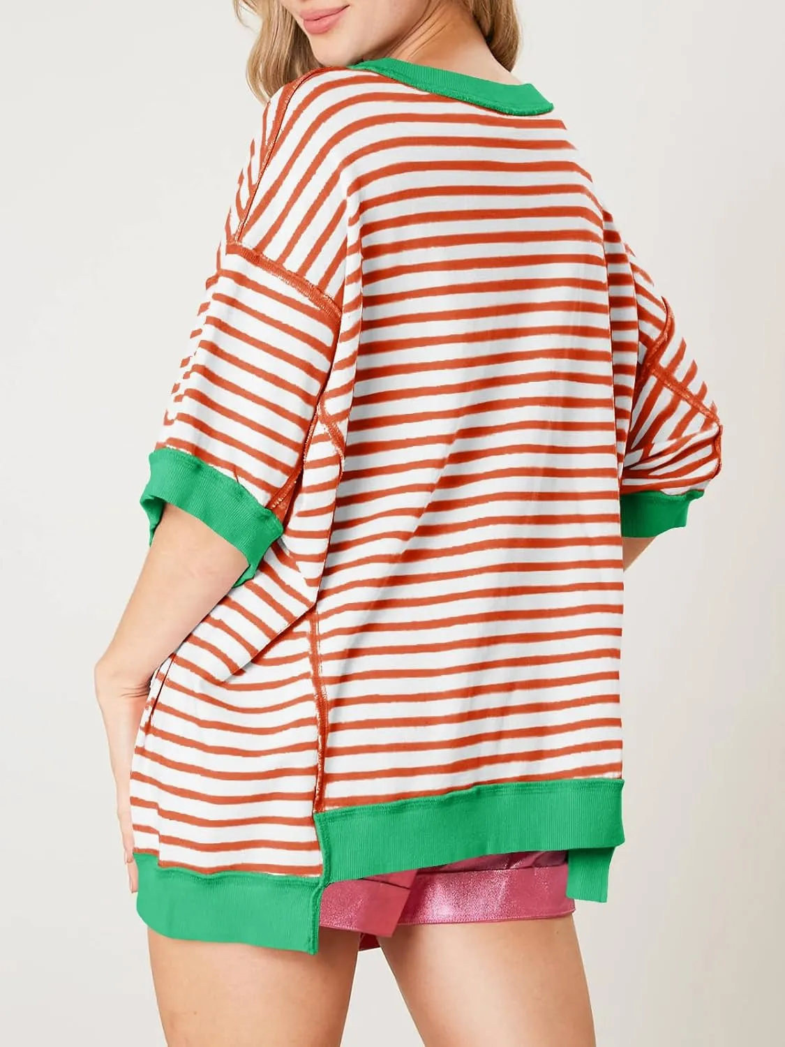Tankaneo Womens Oversized T Shirts Striped Color Block Cotton Tops Summer Casual Half Sleeve Loose Fit Crewneck Sweatshirts
